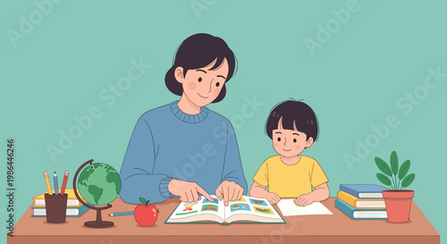 Woman and child reading book together.