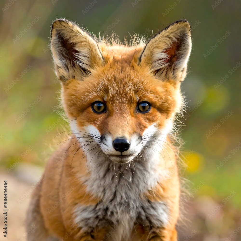 Obraz premium A curious young fox with orange fur and white markings looks directly at the camera