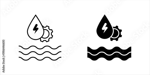 Water drop with lightning symbol and gear above waves representing water energy, renewable resources, hydro power, and environmental technology. icon set.