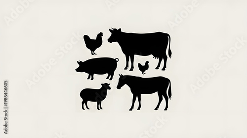 Black silhouettes of farm animals. Animals on White