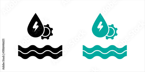 Water drop with lightning symbol and gear above waves representing water energy, renewable resources, hydro power, and environmental technology. icon set.