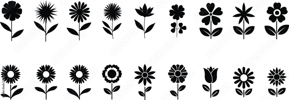 Fototapeta premium Collection Of Black Flower Silhouettes On White Background, Minimalist Flower Icon Set Vector Silhouettes.