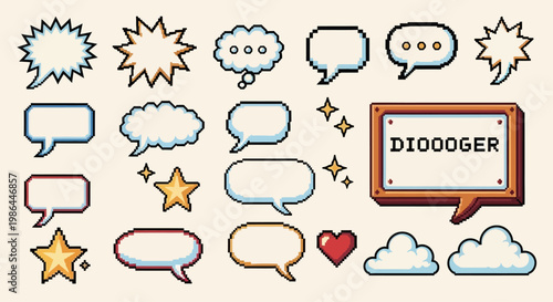 Set of pixel art speech bubbles, stars, heart and cloud shapes. Retro game style dialogue box and elements. Modern vector illustration
