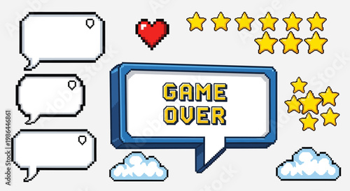 Set of pixel art speech bubbles, stars, heart and cloud shapes. Retro game style dialogue box and elements. Modern vector illustration