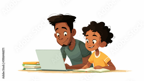 vector View on laptop with young afro american teacher on laptop and a young student 