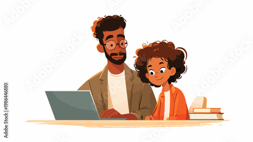 vector View on laptop with young afro american teacher on laptop and a young student 