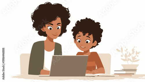 vector View on laptop with young afro american teacher on laptop and a young student 