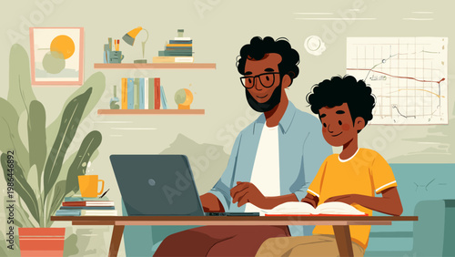 vector View on laptop with young afro american teacher on laptop and a young student 