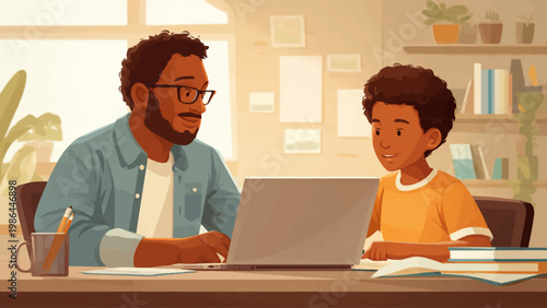 vector View on laptop with young afro american teacher on laptop and a young student 