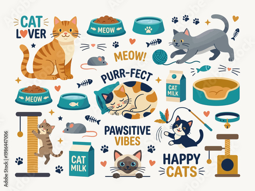 A vibrant collection of cartoon cats and essential pet accessories, including food bowls, toys, scratching posts, and cat milk, with playful cat-themed phrases.