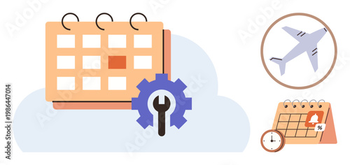 Time management, travel planning, workflow organization, scheduling solutions, task automation, trip optimization. Features calendar, wrench airplane icons. Time management and travel planning