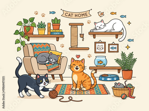 A charming illustration of a cozy cat home with multiple happy felines playing, resting, and enjoying their comfortable environment filled with plants, shelves, and toys.