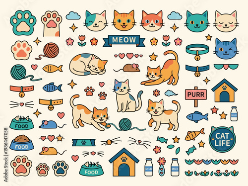 A vibrant collection of cute cartoon cat illustrations and accessories, featuring various cat poses, faces, paws, toys, food bowls, and houses in a playful vector art style.