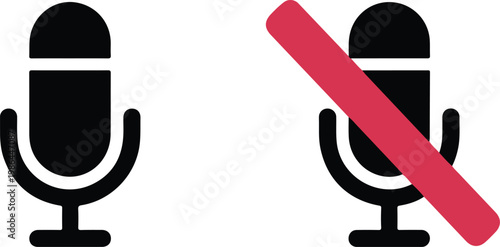 Microphone Icon Set with Mute Symbol, Audio Recording and Silence Concept Vector