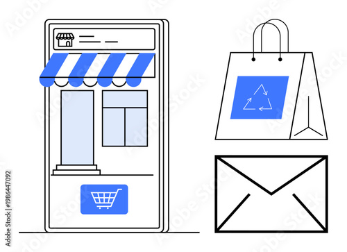 E-commerce, online shopping, digital retail, sustainable packaging, delivery services, small businesses. Smartphone storefront, shopping bag with a recycle icon and an envelope. E-commerce