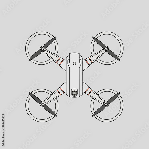 Top-down view illustration of a modern white quadcopter drone featuring four propellers with circular rotor guards and red accent stripes, isolated on a solid light grey background.