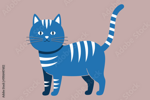 Illustration of a blue and white striped cat standing on four legs