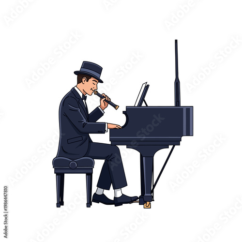 Vector illustration of a male jazz musician in a formal tuxedo and top hat playing a grand piano while also performing with a wind instrument, isolated on a white background.