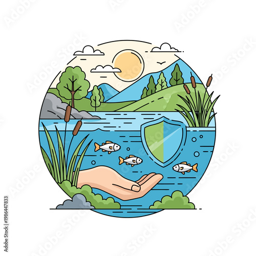 Circular vector illustration of a freshwater lake ecosystem conservation concept featuring a hand protecting fish and water with a shield icon, surrounded by nature and mountains.