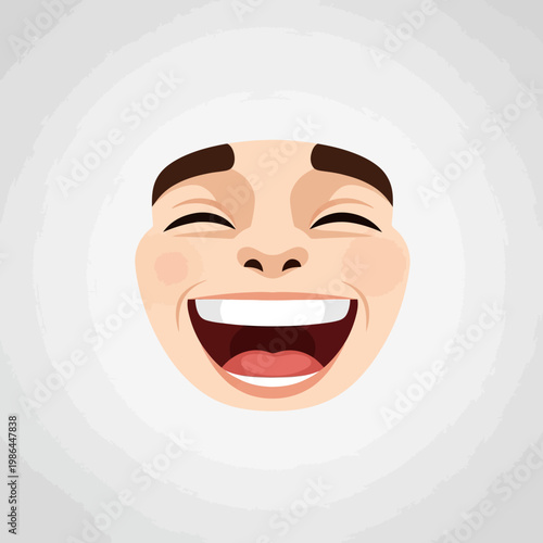 Stylized vector illustration of a human facial expression laughing out loud with a wide open mouth, showing white teeth and pink tongue, closed squinting eyes, and dark eyebrows.