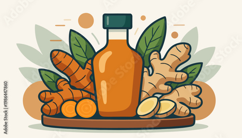 Turmeric roots and ginger with bottle.