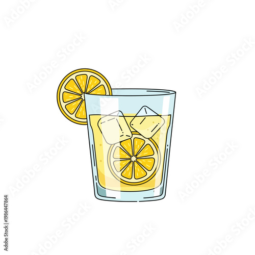 Vector illustration of a cold glass of lemonade with ice cubes and yellow lemon slices, isolated on a white background. Hand-drawn flat style citrus drink for summer refreshment.
