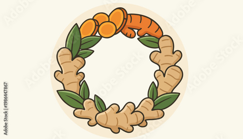 Turmeric root and leaf circular illustration.