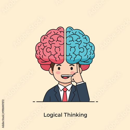 Vector illustration of a businessman with a large brain composed of pink and blue puzzle pieces, representing logical thinking and problem solving on a plain background.