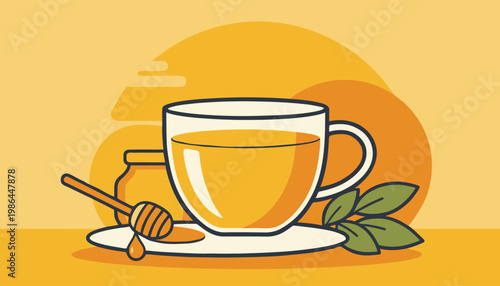 A cup of tea with honey and leaves on a saucer.