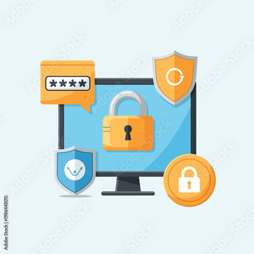 Flat vector illustration of digital security and data protection featuring a computer monitor with a padlock, password entry field, protective shields, and secure lock icons on white background.
