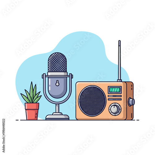 Flat vector illustration featuring a professional condenser microphone on a stand, a portable vintage radio with antenna, and a small potted plant against a light blue backdrop.