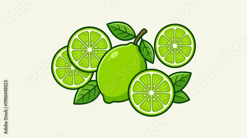 Fresh lime slices and green leaves.