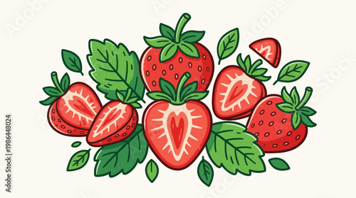 A colorful illustration of strawberries and leaves.