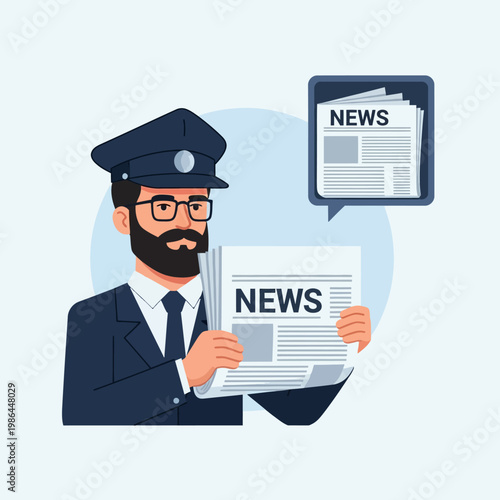 Vector illustration of a bearded man in a professional uniform and peaked cap holding a physical newspaper titled NEWS, with a secondary news bubble icon on a light background.