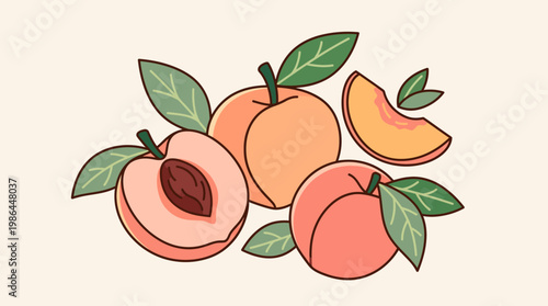A colorful illustration of peaches and slices.