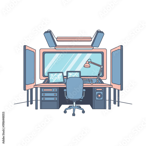 Modern radio broadcasting studio and podcasting control room vector illustration featuring a desk with monitors, mixing console, swivel chair, desk lamp, and soundproofing panels.