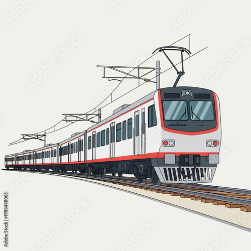 Modern electric passenger train on railway tracks with overhead power lines. Vector illustration of a commuter transit system with multiple carriages on a white background.