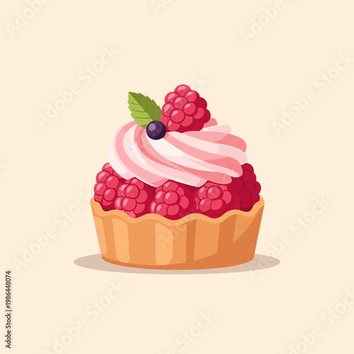 Vector illustration of a fresh raspberry tartlet featuring a golden shortcrust pastry crust filled with red berries, topped with swirled pink and white cream, blueberry, and mint leaf.