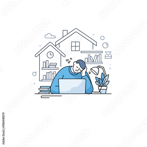 A vector illustration of a tired man working on a laptop at home while feeling sick, featuring house outlines, bookshelves, and a desk lamp in a minimalist blue line art style.