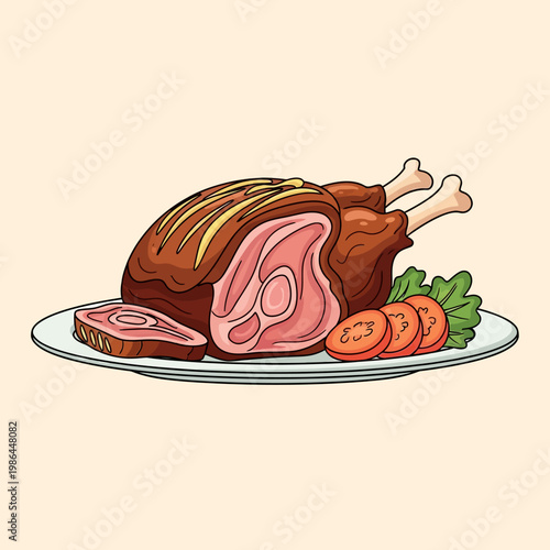 Roasted lamb leg gourmet dish illustration featuring sliced cooked meat on a white plate with fresh tomato slices and lettuce garnish, isolated on a light plain background.