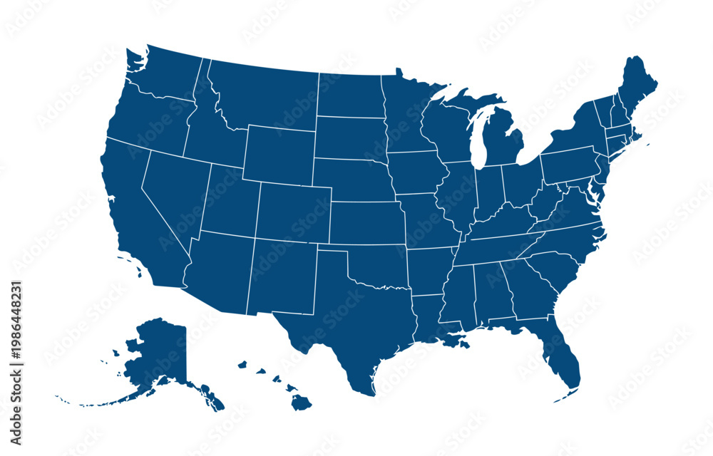 Naklejka premium USA blue map with state divisions, modern United States of America vector illustration EPS 10 isolated on white background for business, analytics and travel design.