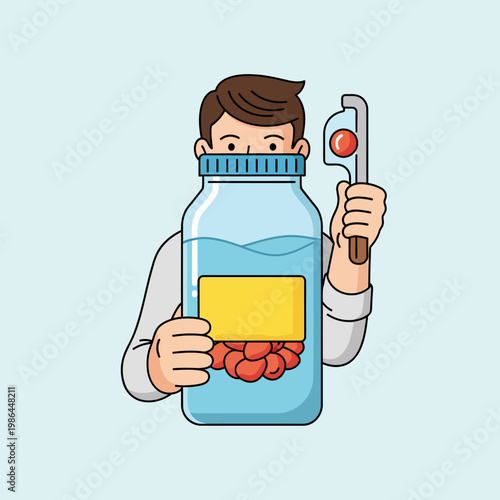 Flat vector illustration of a man holding a large glass jar with blue liquid and red capsules, representing nutritional vitamin deficiency and scurvy medical health awareness.
