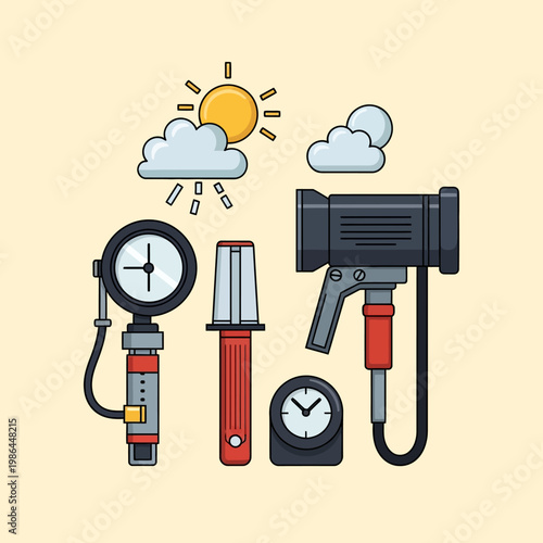 Vector illustration of professional meteorological instruments including a pressure gauge, clock, sensor tool, and weather symbols like the sun and clouds for atmospheric study.