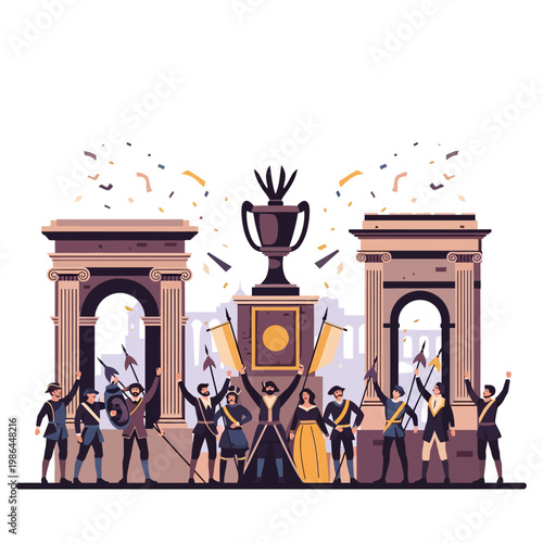 European historical celebration illustration with people in period costumes cheering around a large trophy urn and triumphal arches during a victory event with floating confetti.