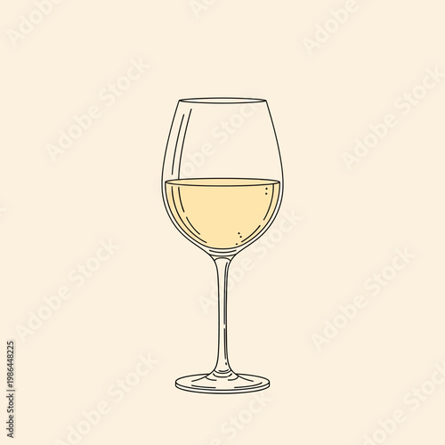 Minimalist hand-drawn vector illustration of a single stemmed glass filled with pale yellow white wine, isolated on a light cream background, featuring simple black outlines.