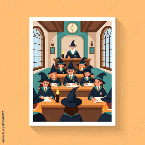 Vector illustration of a fantasy magic school classroom with a wizard teacher and students in blue robes and pointed hats writing in books at wooden desks under lanterns.