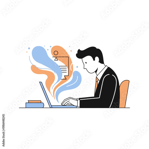 Vector illustration of a professional man in a suit typing on a laptop with blue and orange abstract flowing shapes and a document icon emerging from the screen on a white background.