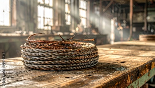Coiled Copper Wire Bundle with Visible Oxidation and Gleaming Newly Cut Ends in an Industrial Workshop Setting