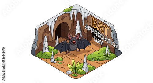 Isometric vector illustration celebrating Bat Appreciation Day, showing a bat flying in front of a cave entrance with stalactites, moss, and desert plants against a clean white background