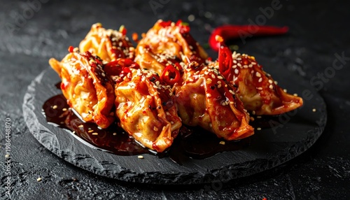 Irresistible Szechuan Dumplings with Spicy Chili Oil and Sesame Seeds, a Glistening Appetizer on Slate.